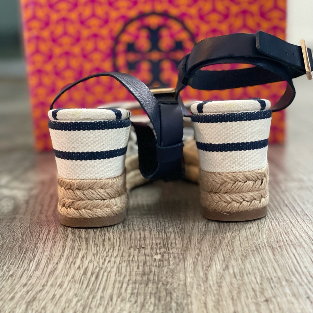 Tory Burch Navy and White Striped Espadrille Wedge Sandals - Picture 6 of 11